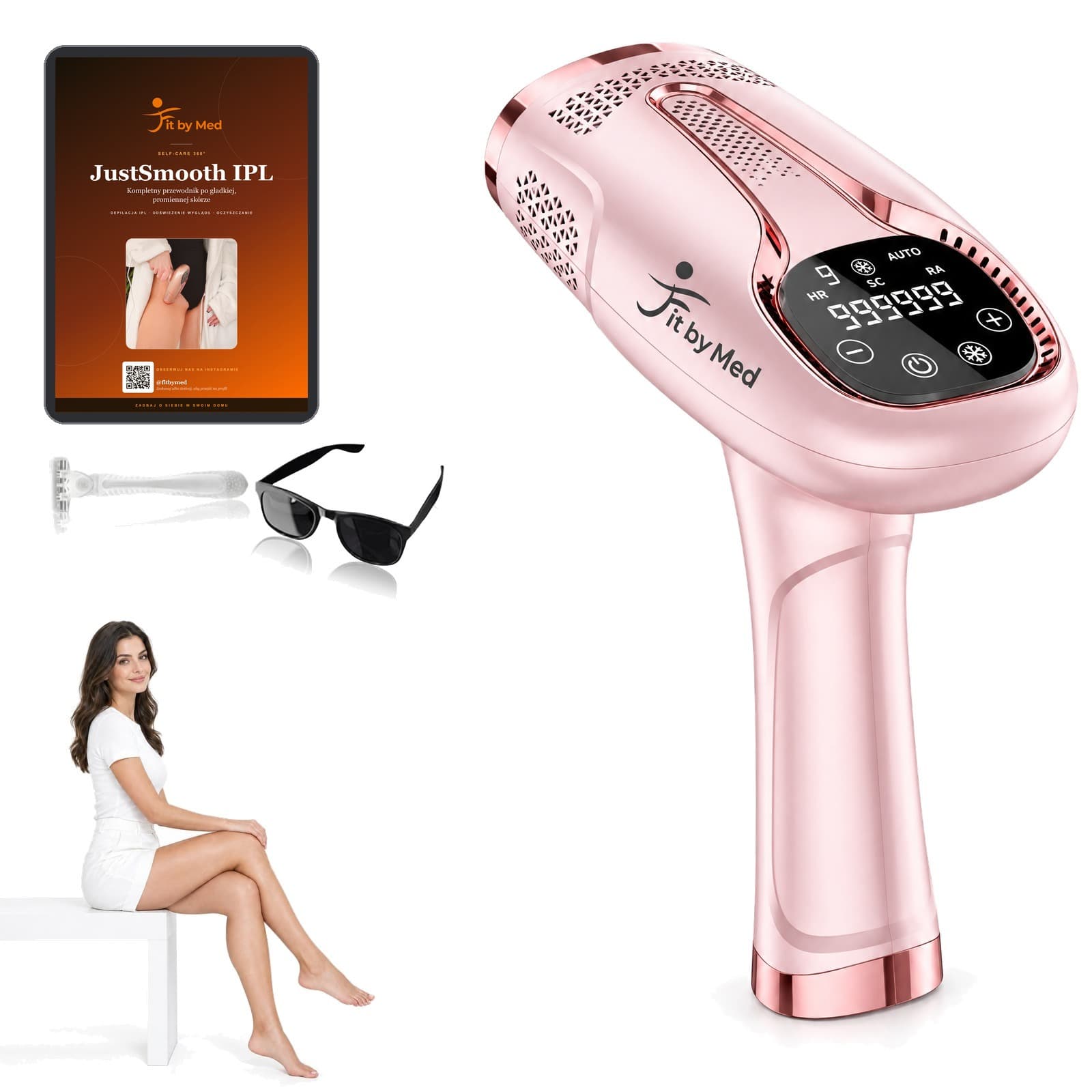 Depilator IPL FitbyMed BHRL4 w kolorze różowego złota z e-bookiem JustSmooth IPL, maszynką, okularami ochronnymi i pudełkiem