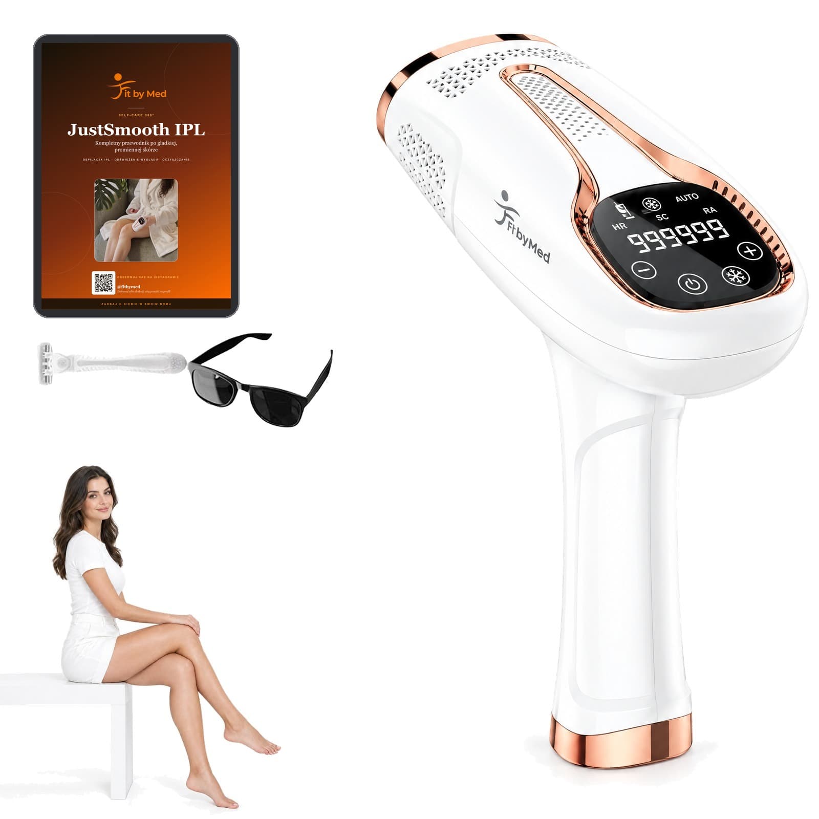 Depilator IPL FitbyMed BHRL4 w kolorze białym z e-bookiem JustSmooth IPL, maszynką, okularami ochronnymi i pudełkiem