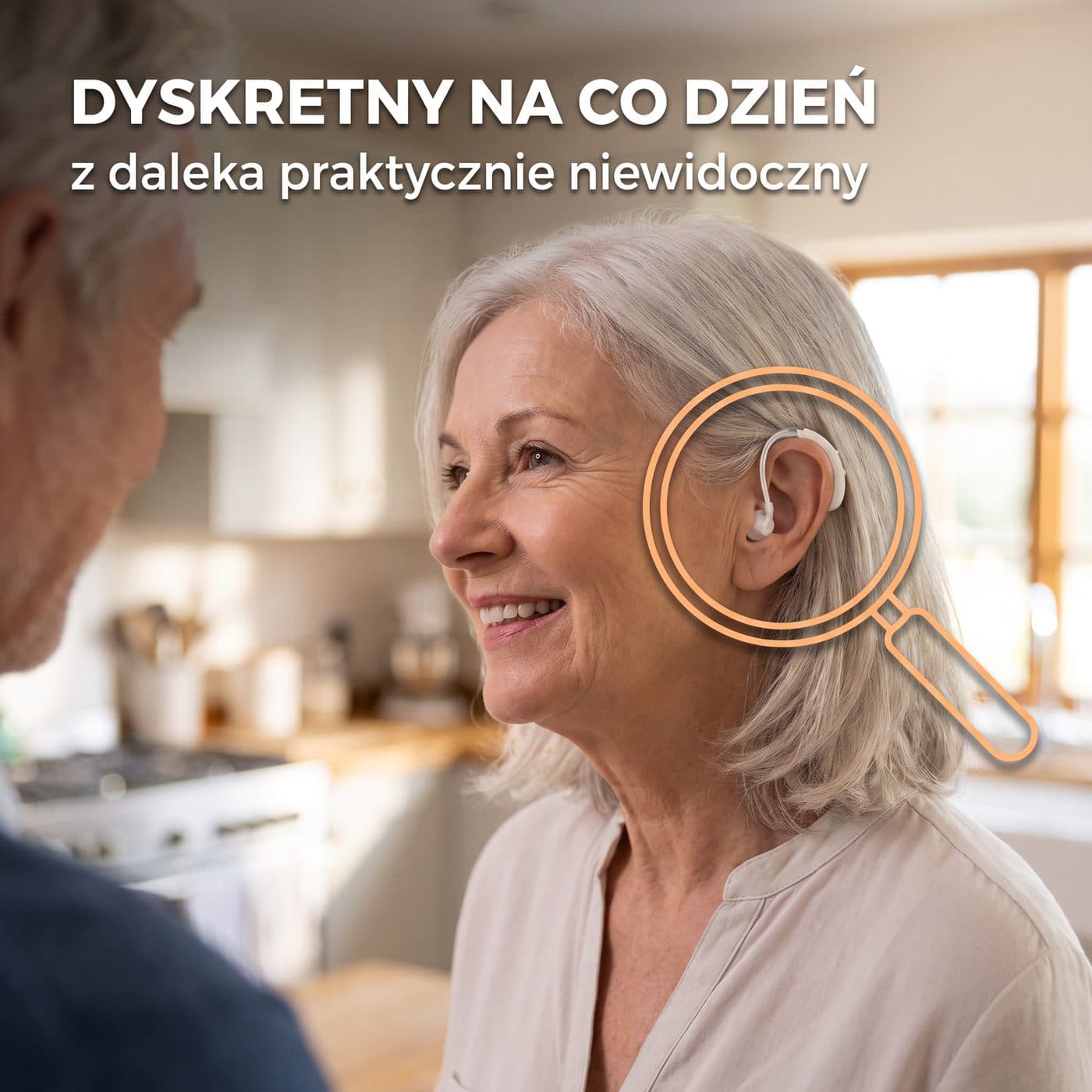 Infografika: kobieta z aparatem za uchem — z daleka praktycznie niewidoczny