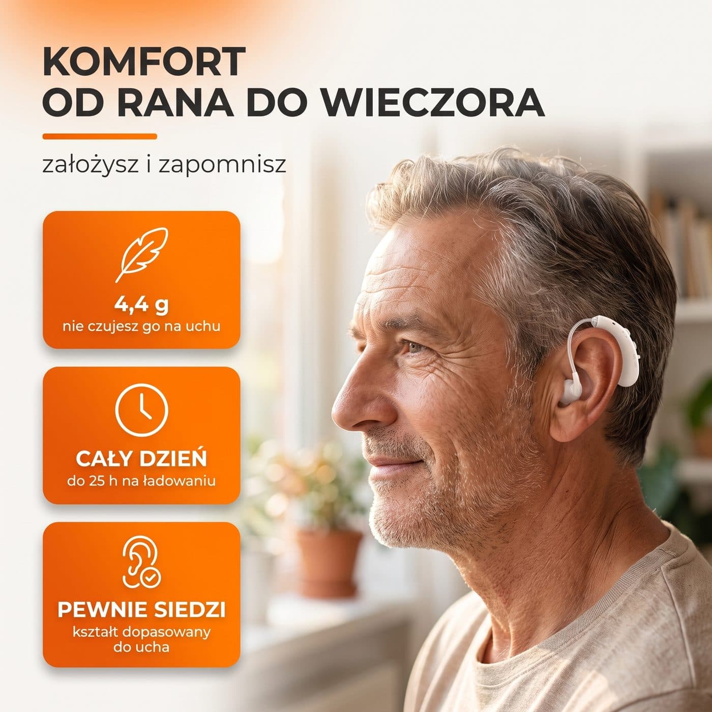 Infografika: komfort od rana do wieczora — 4,4 g, do 25 h, pewne osadzenie