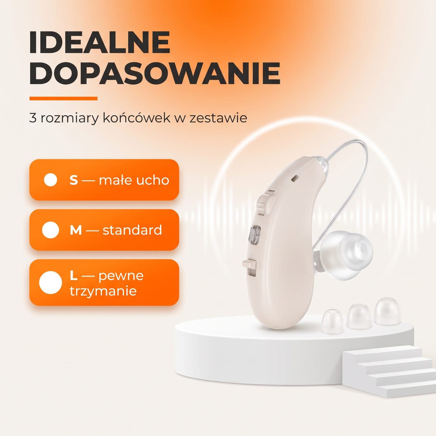 Infografika: trzy rozmiary końcówek S, M i L w zestawie