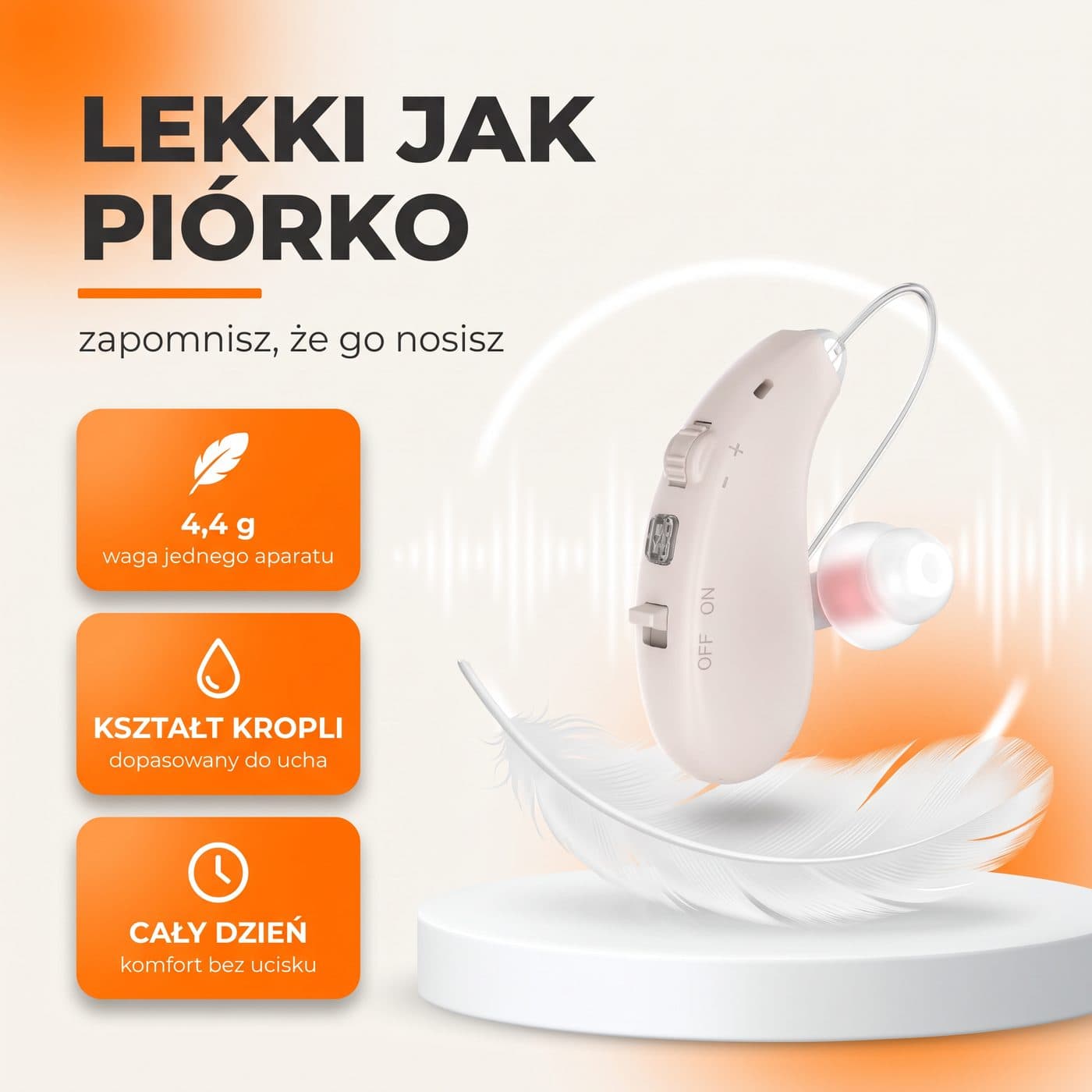 Infografika: 4,4 g wagi jednego aparatu, kształt kropli, komfort przez cały dzień