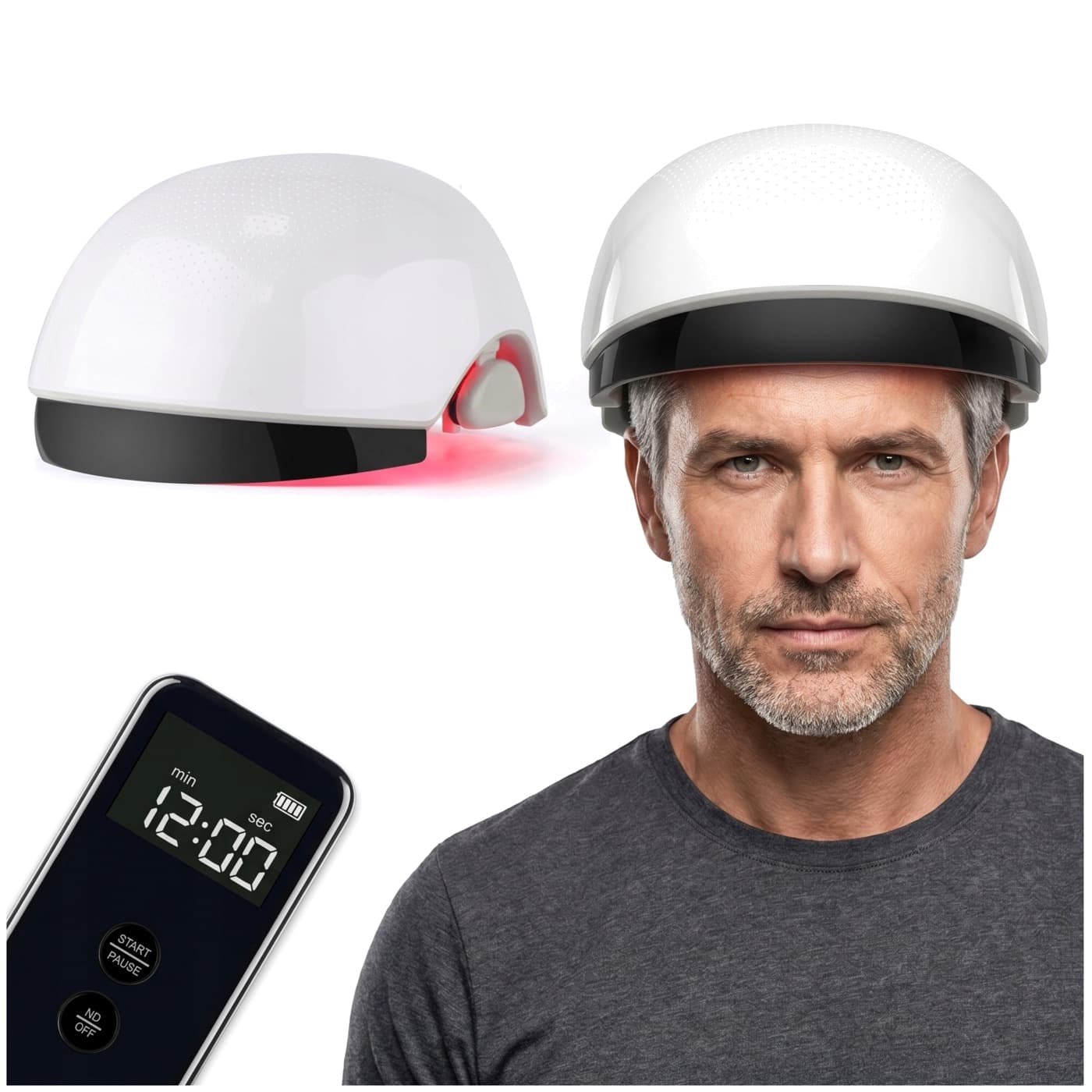 Kask laserowy FitbyMed JustHairs z pilotem i mężczyzna w kasku