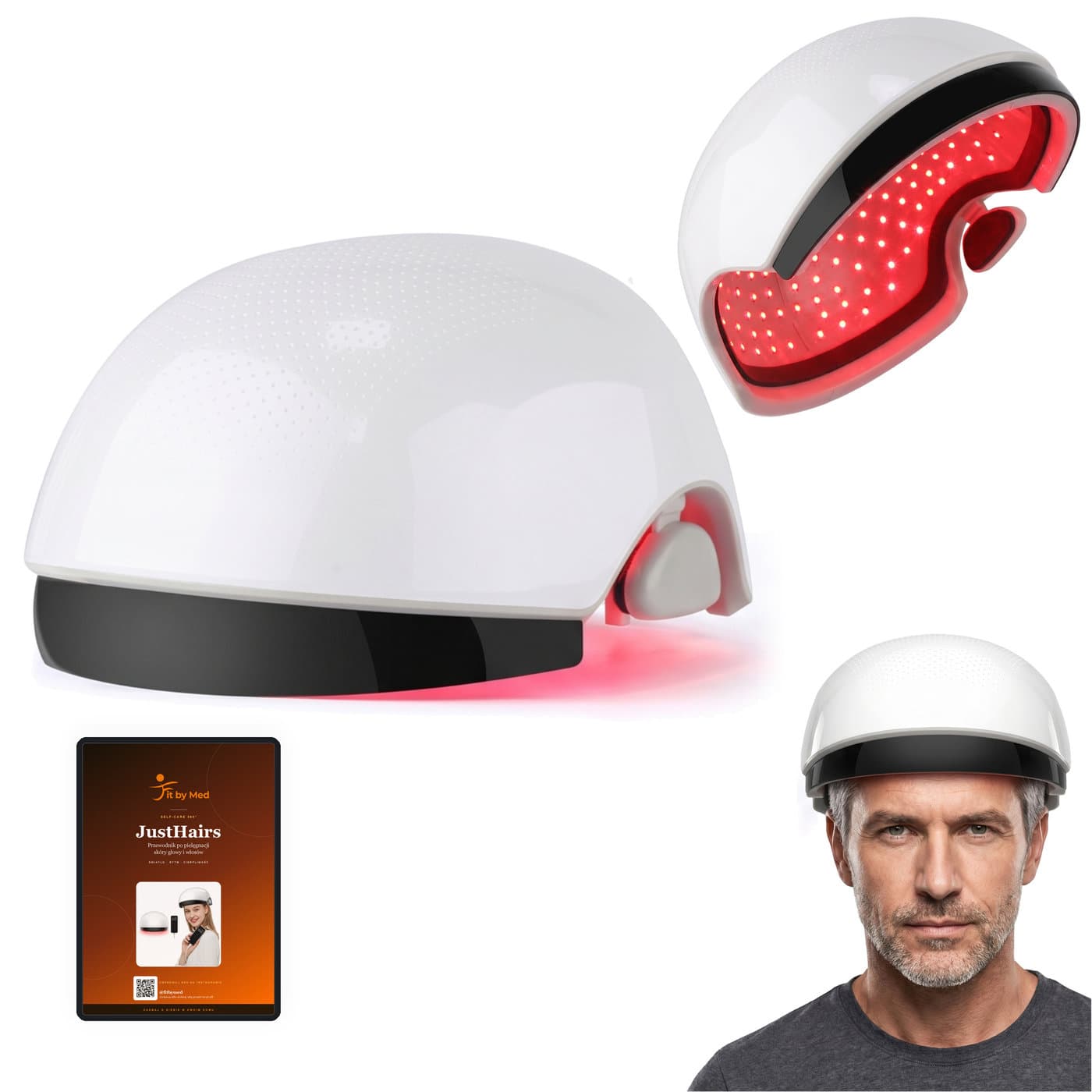 Kask laserowy FitbyMed JustHairs, kask od spodu ze 162 diodami, mężczyzna w kasku i e-book JustHairs