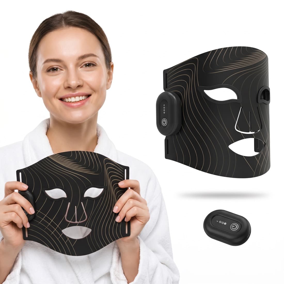Kobieta trzyma maskę LED JustLift — silikon dopasowany do twarzy