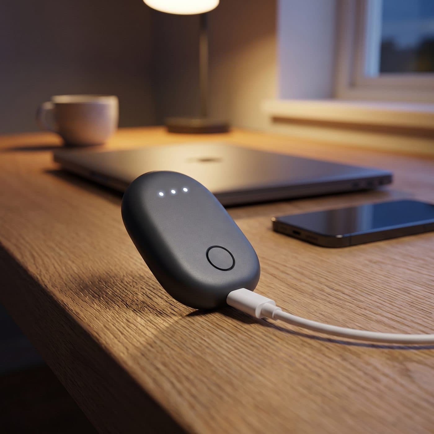 E-trener postury na biurku, kabel USB-C wpięty w gniazdo na dolnej krawędzi