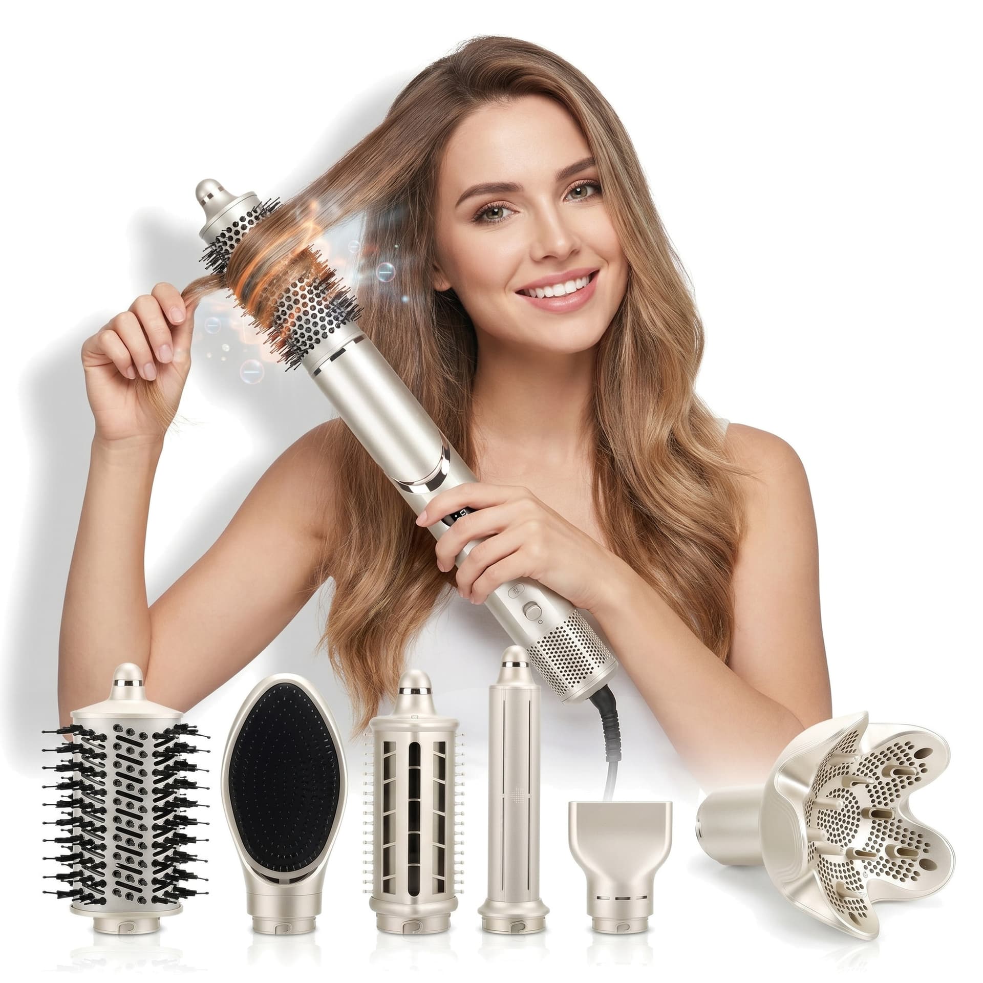 Kobieta modeluje włosy stylizatorem FitbyMed 8 w 1, przed nią komplet końcówek