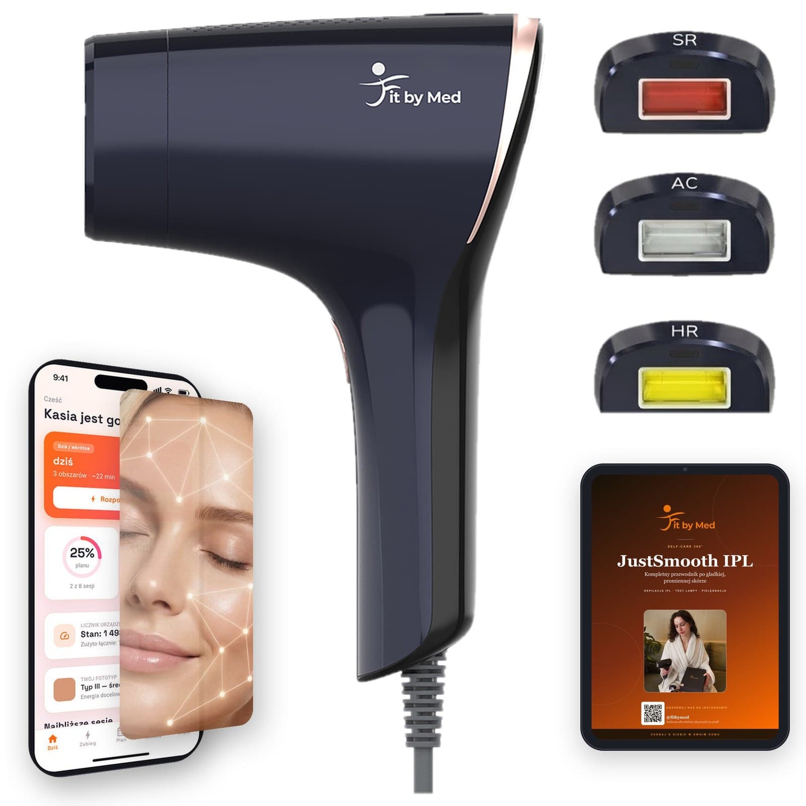 Depilator IPL JustSmooth T19B — zestaw z trzema lampami HR, SR i AC, e-bookiem i aplikacją