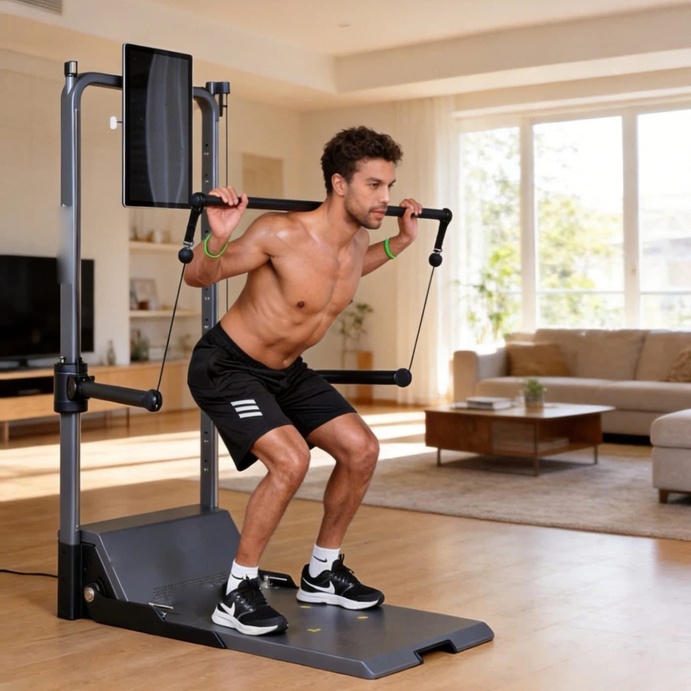 Mężczyzna wykonuje przysiad z drążkiem na barkach na platformie X-Gym