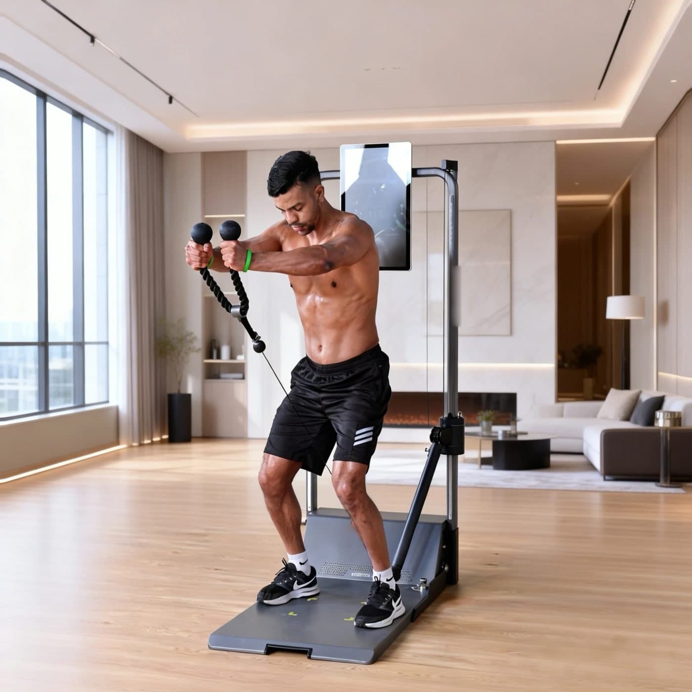 Mężczyzna ćwiczy rozpiętki z uchwytami na stacji X-Gym