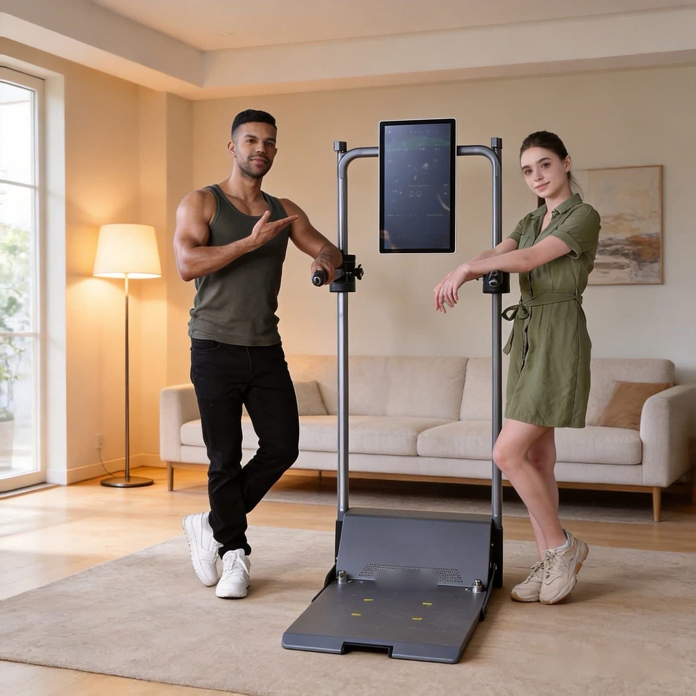 Dwie osoby przy stacji treningowej X-Gym w salonie