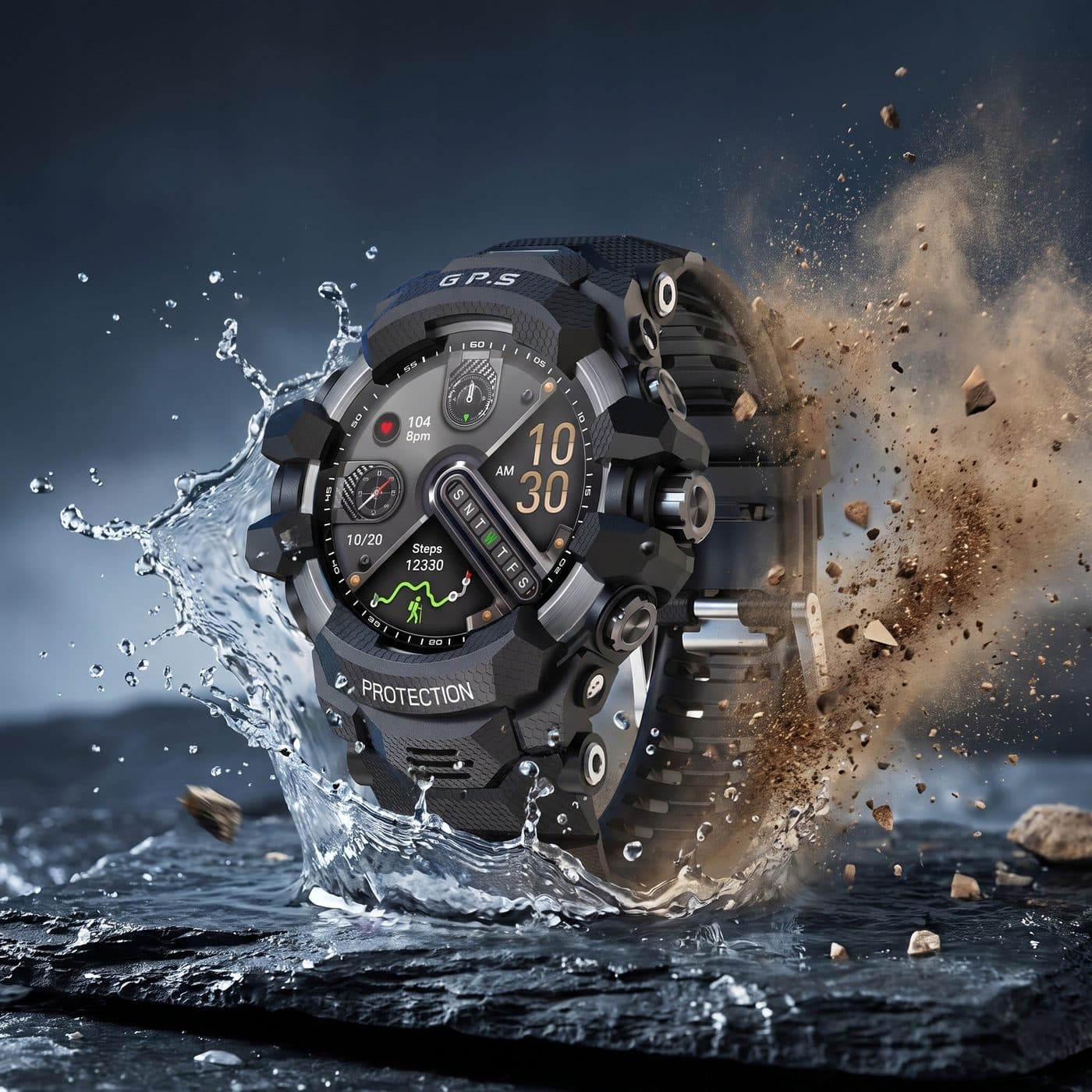 Smartwatch X-Raptor w rozbryzgu wody i piasku