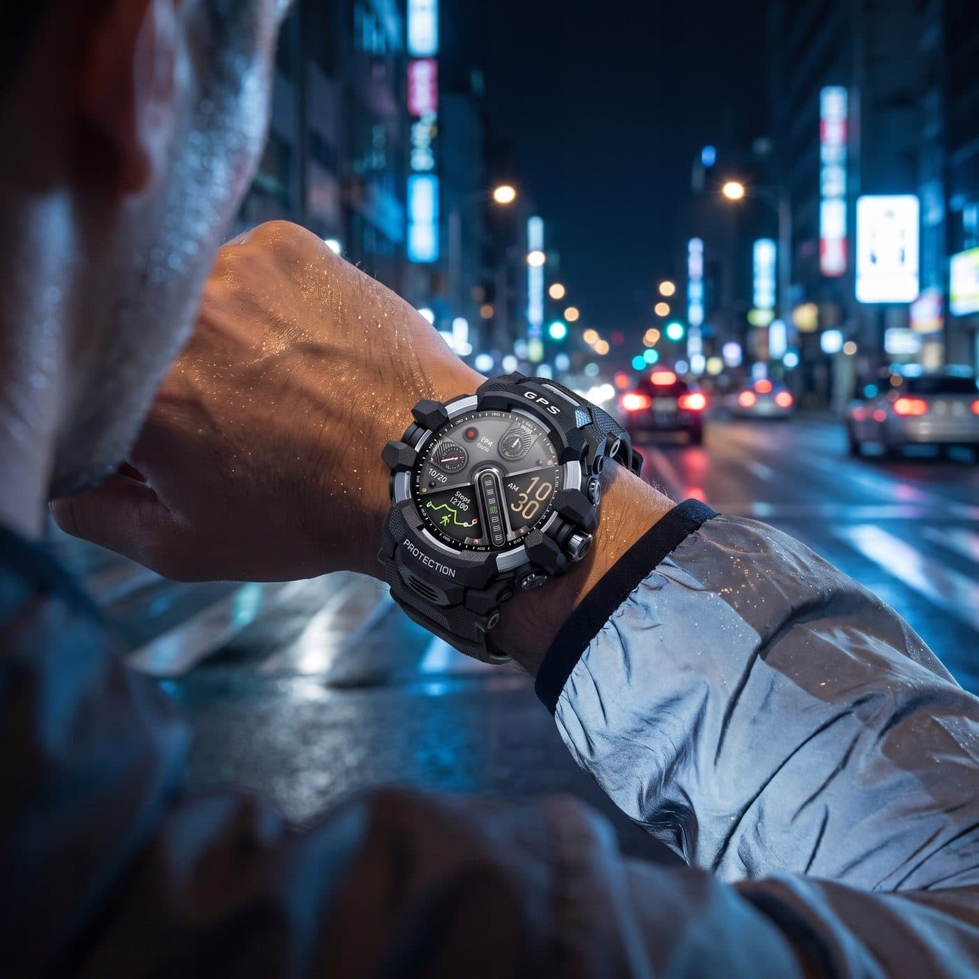 Smartwatch X-Raptor na nadgarstku na tle nocnego miasta