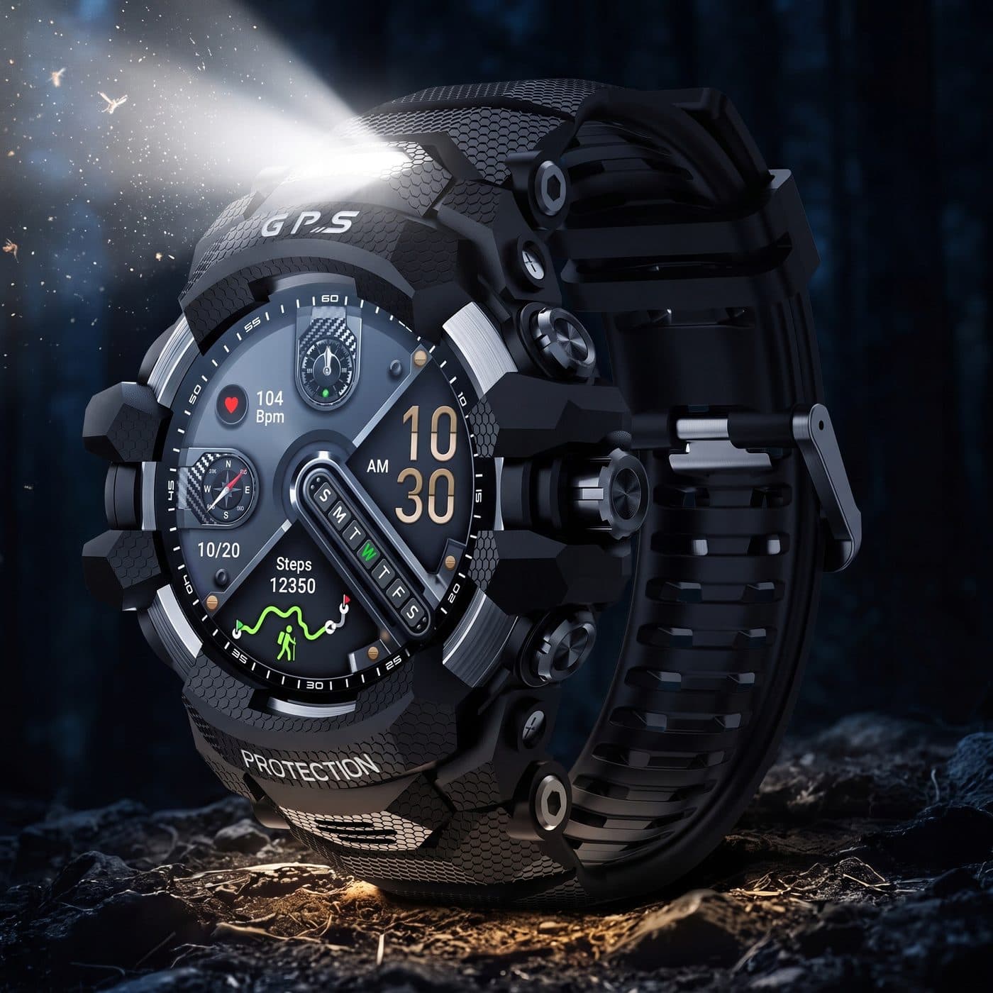 Smartwatch X-Raptor z włączoną latarką na skale