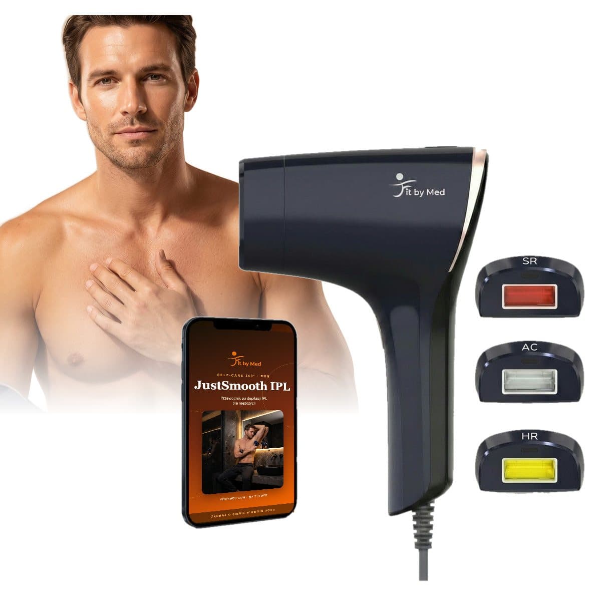 Depilator IPL T19B Men — zestaw z e-bookiem i trzema lampami HR, SR i AC, w tle mężczyzna